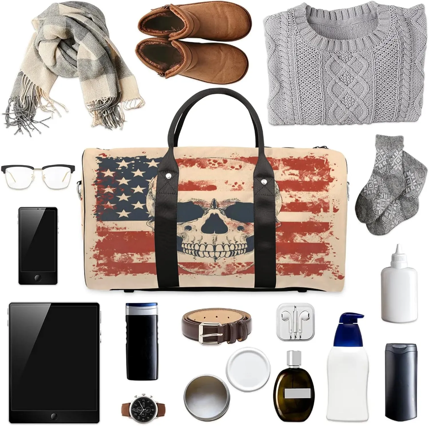 Skeleton Skull American Flag Travel Duffle Bag, Sports Gym Bags for Women Men, Carry On Weekender Overnight Workout Airplane Trips Bag