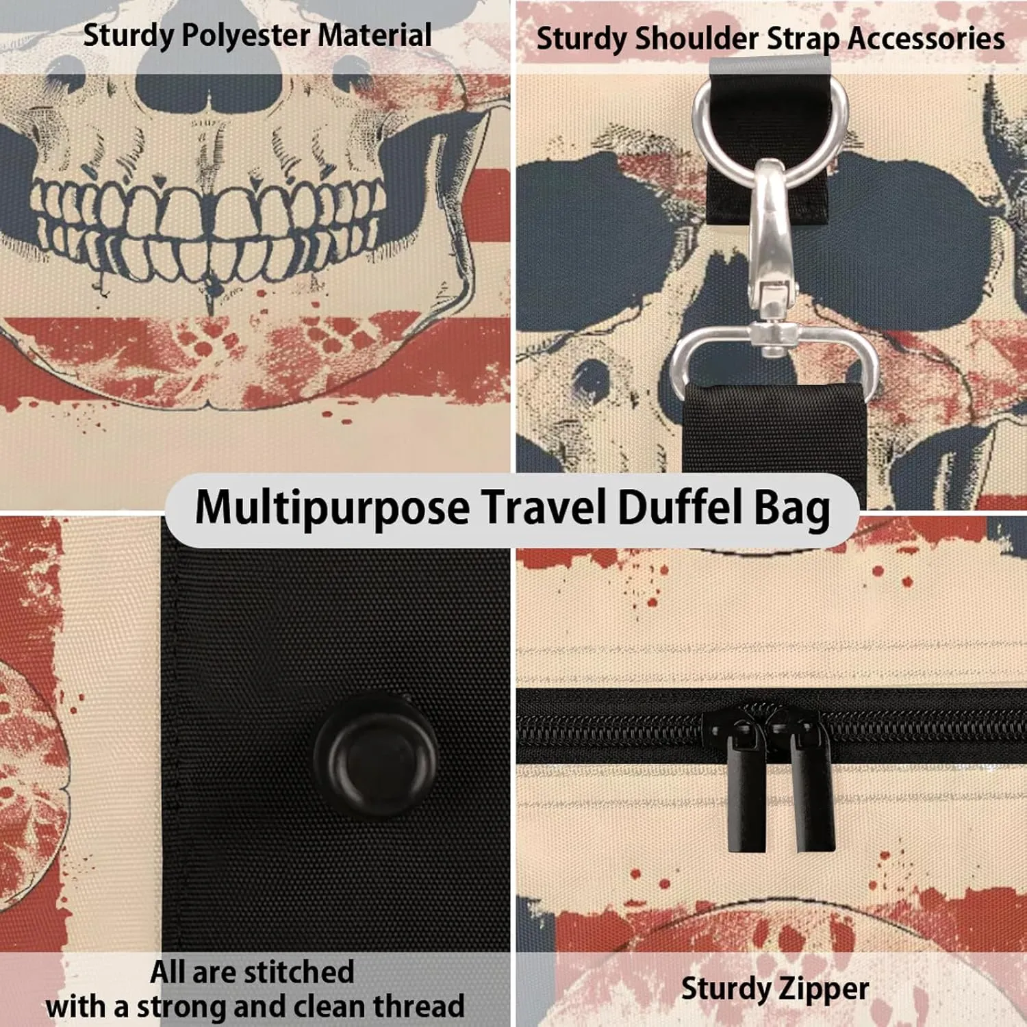 Skeleton Skull American Flag Travel Duffle Bag, Sports Gym Bags for Women Men, Carry On Weekender Overnight Workout Airplane Trips Bag