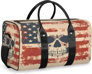Skeleton Skull American Flag Travel Duffle Bag, Sports Gym Bags for Women Men, Carry On Weekender Overnight Workout Airplane Trips Bag