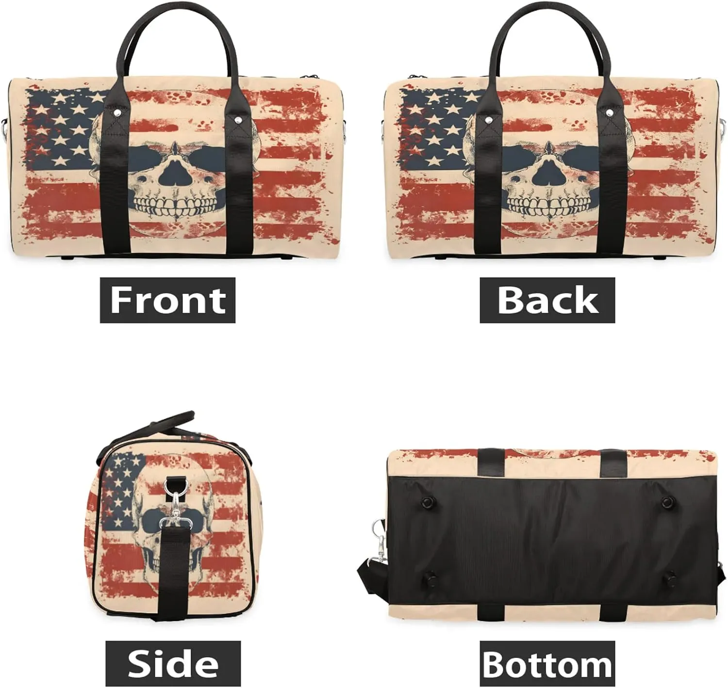 Skeleton Skull American Flag Travel Duffle Bag, Sports Gym Bags for Women Men, Carry On Weekender Overnight Workout Airplane Trips Bag