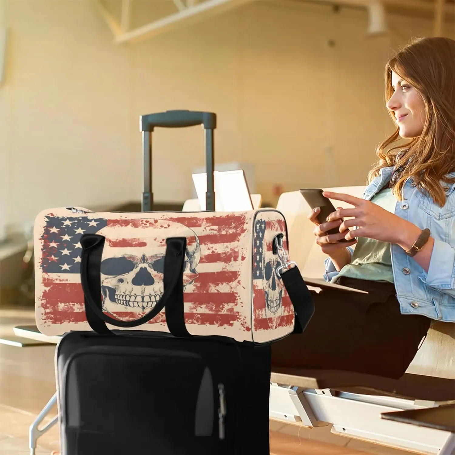 Skeleton Skull American Flag Travel Duffle Bag, Sports Gym Bags for Women Men, Carry On Weekender Overnight Workout Airplane Trips Bag