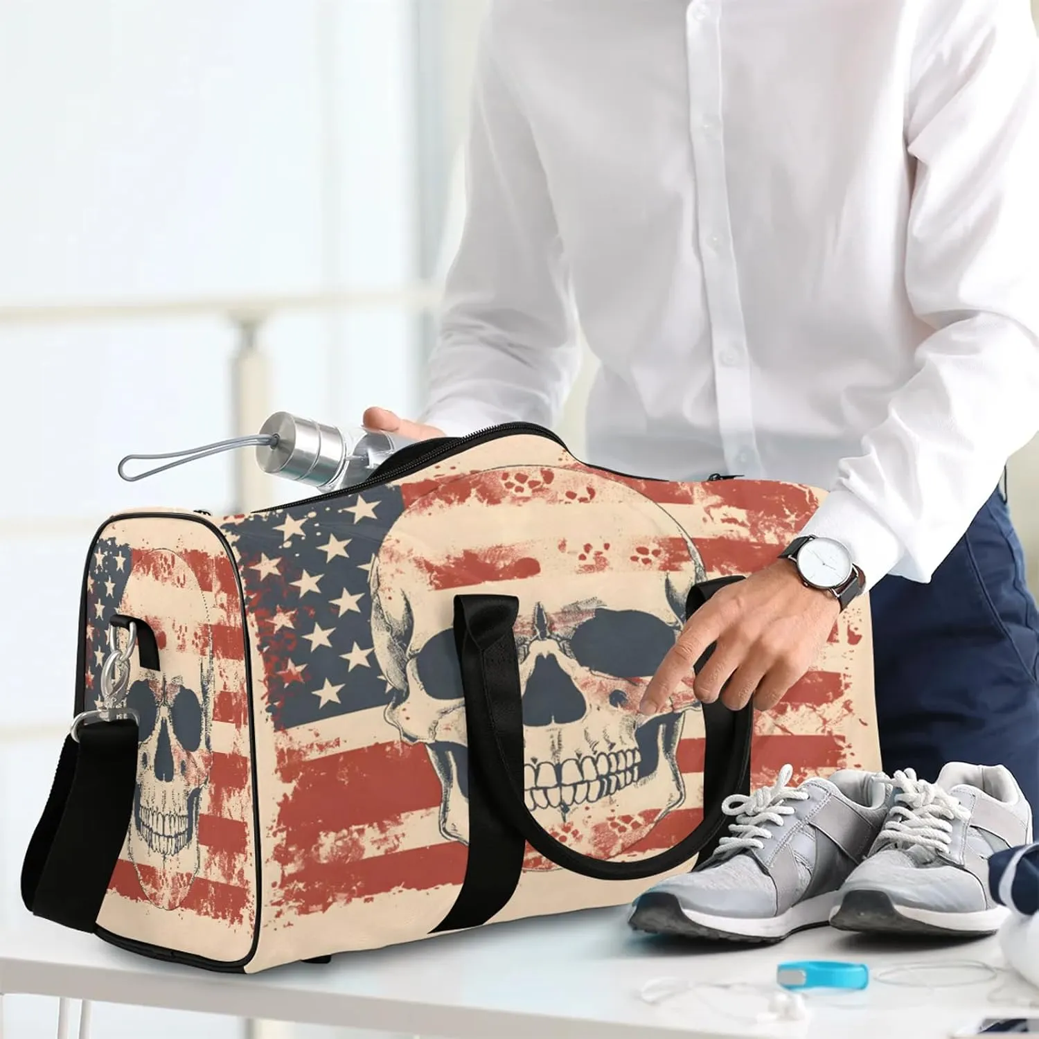 Skeleton Skull American Flag Travel Duffle Bag, Sports Gym Bags for Women Men, Carry On Weekender Overnight Workout Airplane Trips Bag