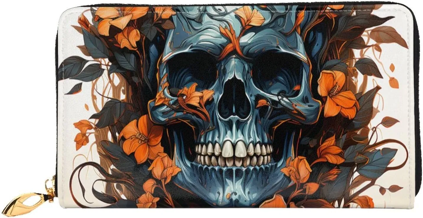 Skull And Leaves Leather Wallets For Women Waterproof Zip Around Clutch Purses Large Credit Card Holder With Phone Holder Ladies Travel Coin Purse