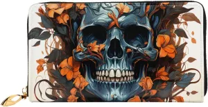 Skull And Leaves Leather Wallets For Women Waterproof Zip Around Clutch Purses Large Credit Card Holder With Phone Holder Ladies Travel Coin Purse
