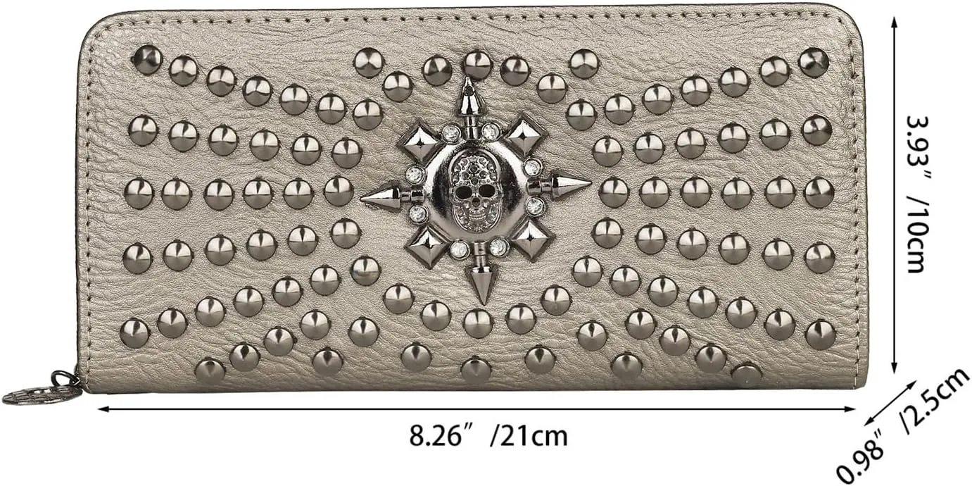 Skull Wallets for Women - Large Capacity Womens Clutch Wallet Purse Punk Studs Gothic Skull Chain Women Wallet Long Purse Credit Card Clutch for Women Handbag (Champagne Gold)