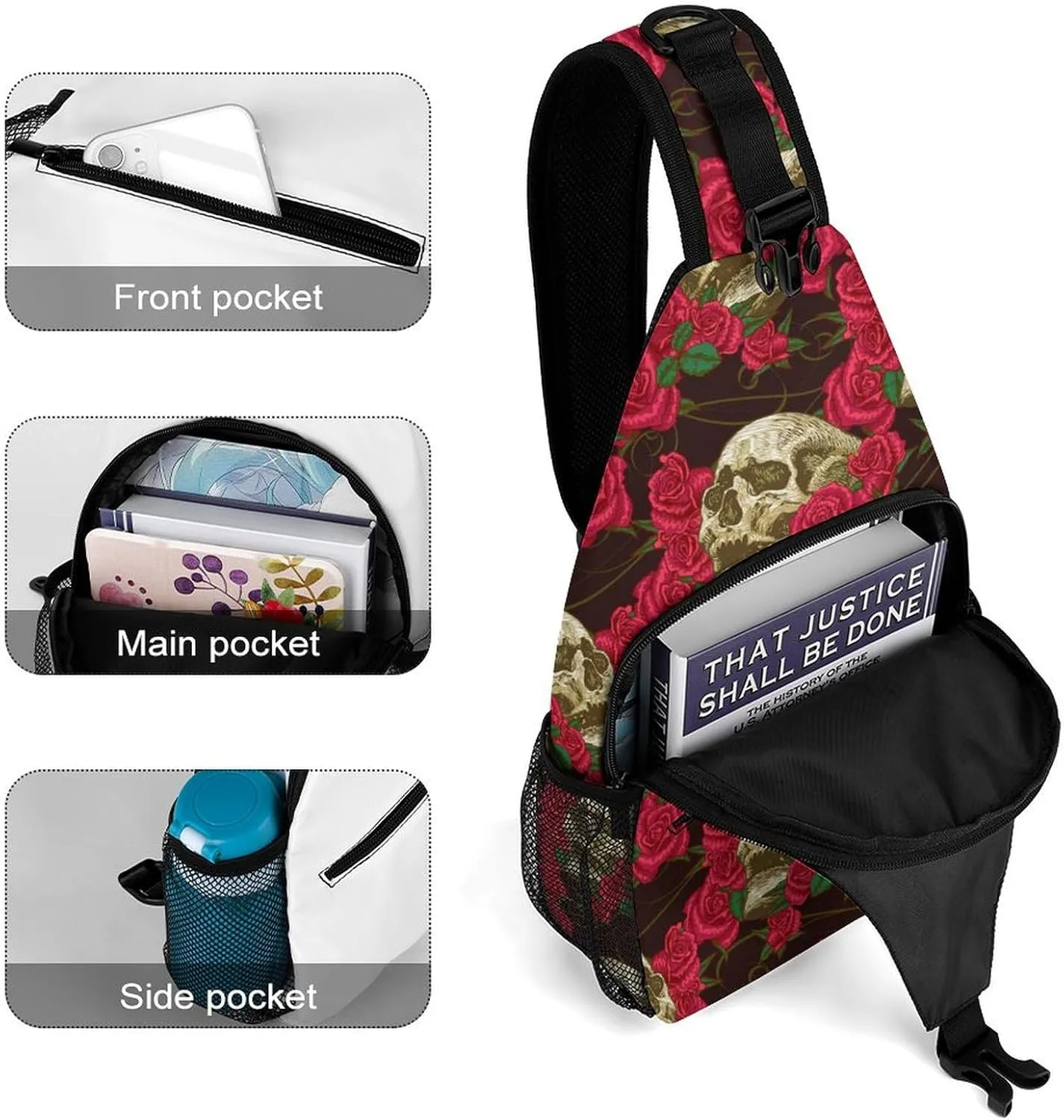 Skulls-roses-black-pattern Sling Bag Crossbody Backpack for Men Women Chest Bag For Travel Hiking Cycling Camping, 38x20cm, Style-2