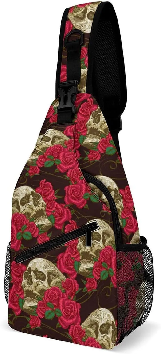 Skulls-roses-black-pattern Sling Bag Crossbody Backpack for Men Women Chest Bag For Travel Hiking Cycling Camping, 38x20cm, Style-2