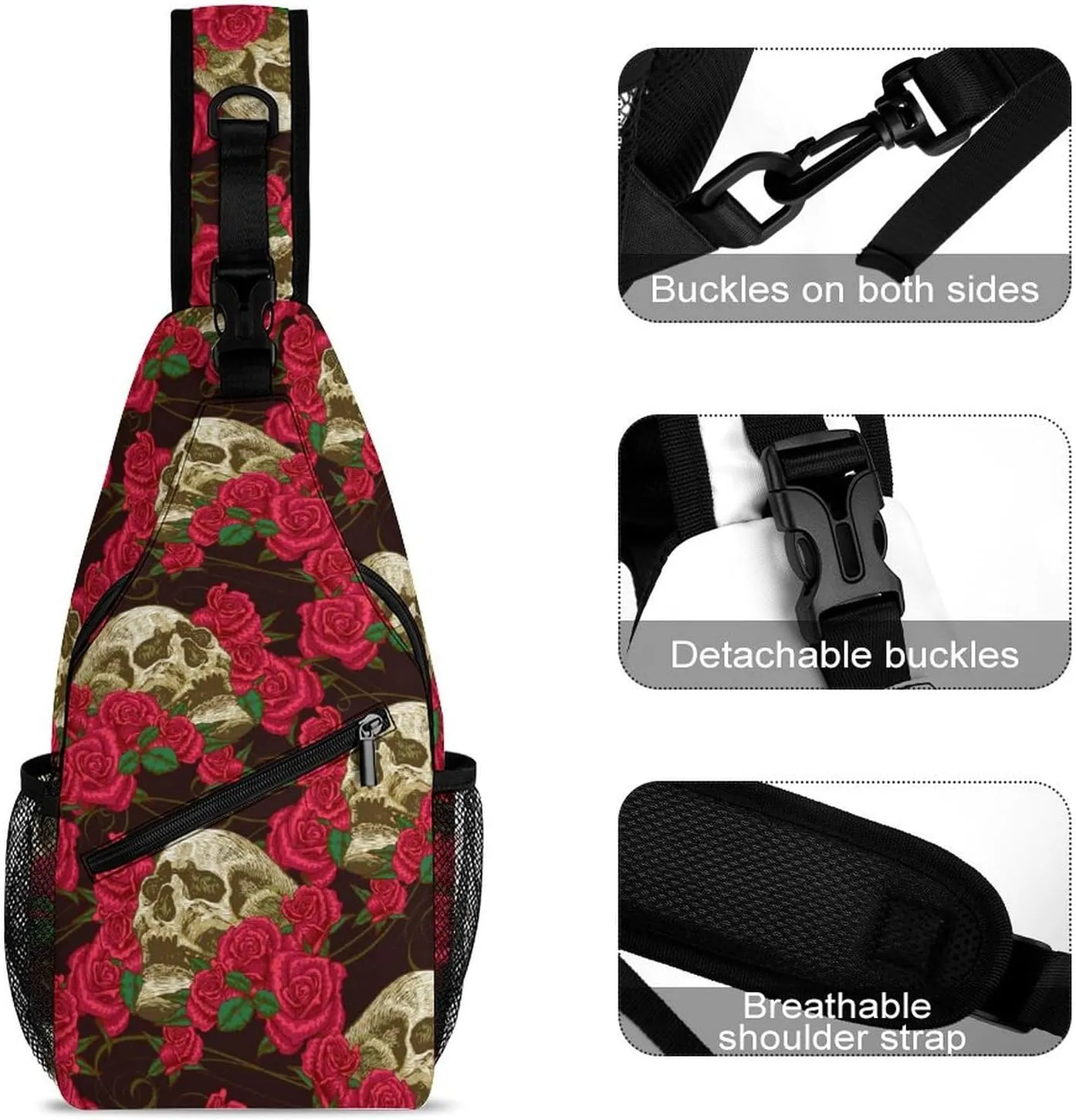Skulls-roses-black-pattern Sling Bag Crossbody Backpack for Men Women Chest Bag For Travel Hiking Cycling Camping, 38x20cm, Style-2