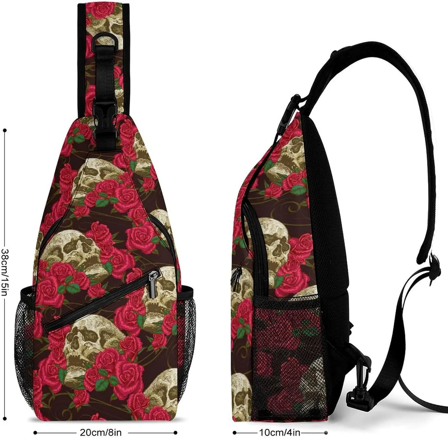 Skulls-roses-black-pattern Sling Bag Crossbody Backpack for Men Women Chest Bag For Travel Hiking Cycling Camping, 38x20cm, Style-2