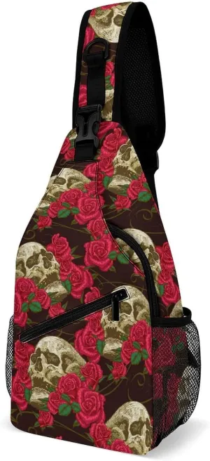 Skulls-roses-black-pattern Sling Bag Crossbody Backpack for Men Women Chest Bag For Travel Hiking Cycling Camping, 38x20cm, Style-2