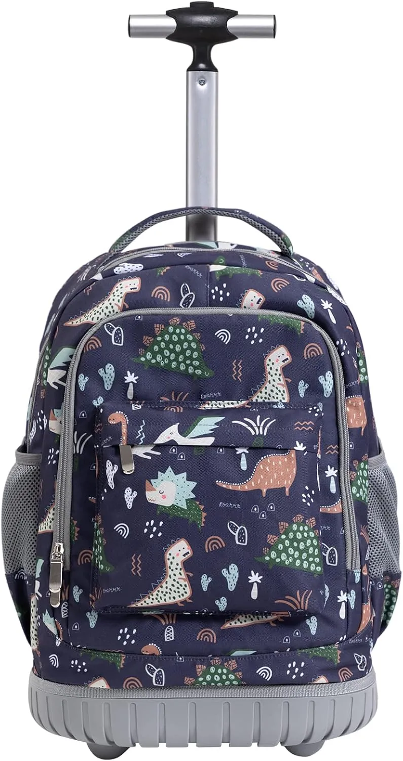 SKYMOVE 18 inches Wheeled Rolling Backpack for Boys and Girls Multi-Compartment School Students Books Laptop Trolley Bag Short Trip Carry-on, Dark Blue Dinosaur