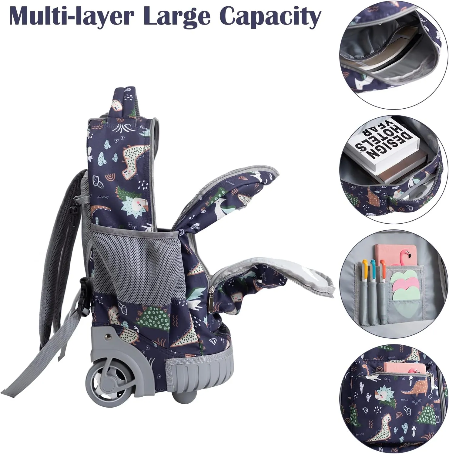 SKYMOVE 18 inches Wheeled Rolling Backpack for Boys and Girls Multi-Compartment School Students Books Laptop Trolley Bag Short Trip Carry-on, Dark Blue Dinosaur