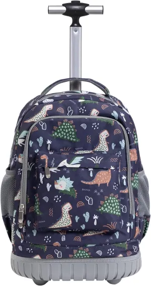 SKYMOVE 18 inches Wheeled Rolling Backpack for Boys and Girls Multi-Compartment School Students Books Laptop Trolley Bag Short Trip Carry-on, Dark Blue Dinosaur