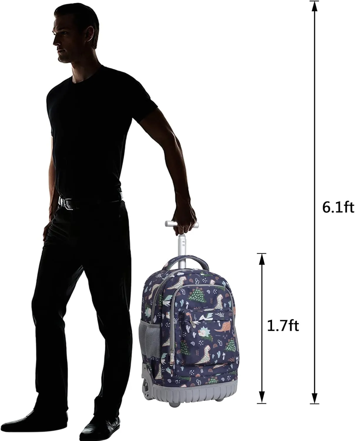 SKYMOVE 18 inches Wheeled Rolling Backpack for Boys and Girls Multi-Compartment School Students Books Laptop Trolley Bag Short Trip Carry-on, Dark Blue Dinosaur