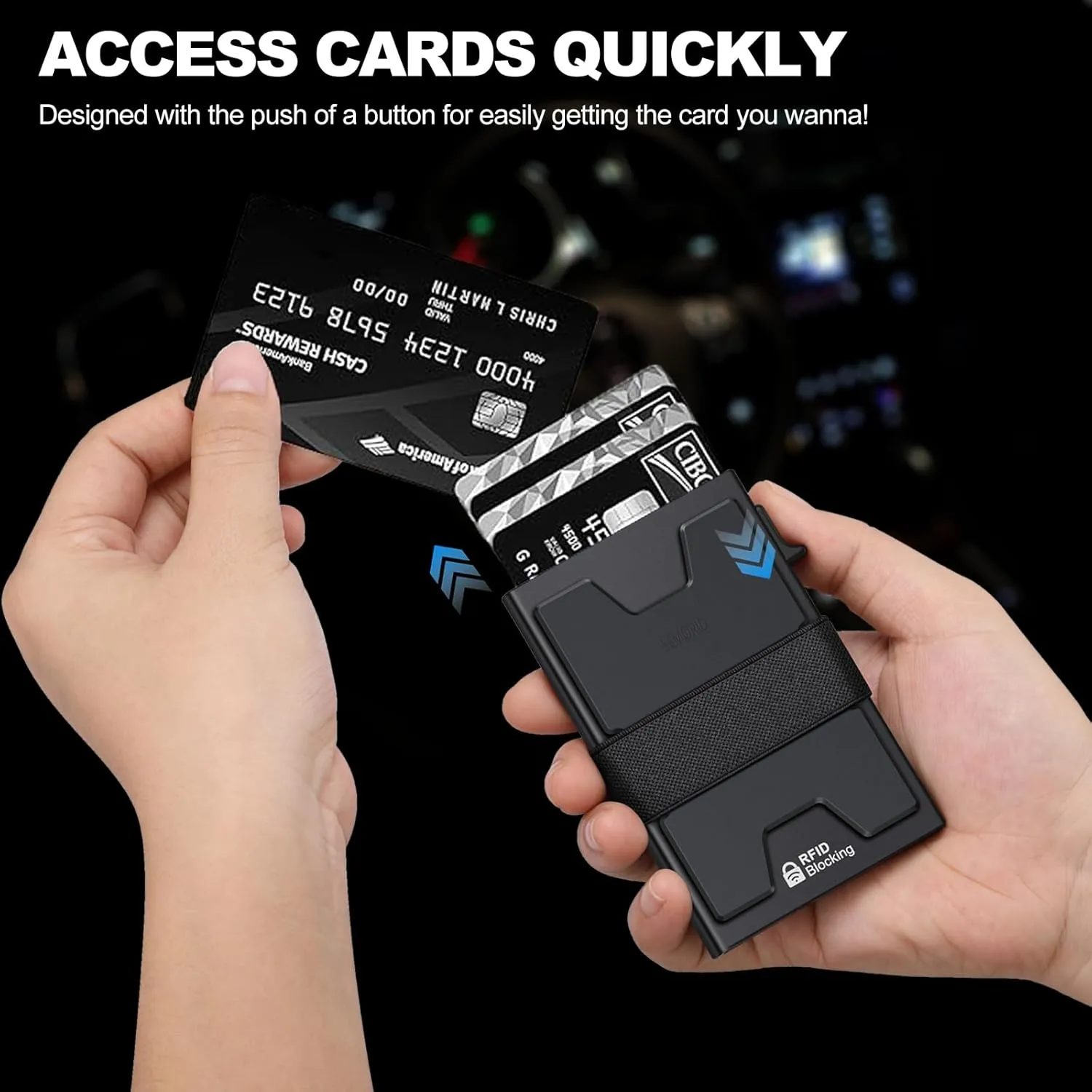 Slim Aluminum Card Holder Wallet for Men, Durable Expandable Backplate, RFID Blocking Minimalist Metal Pop Up Wallet, Holds 12  Cards Plus Cash (Black)