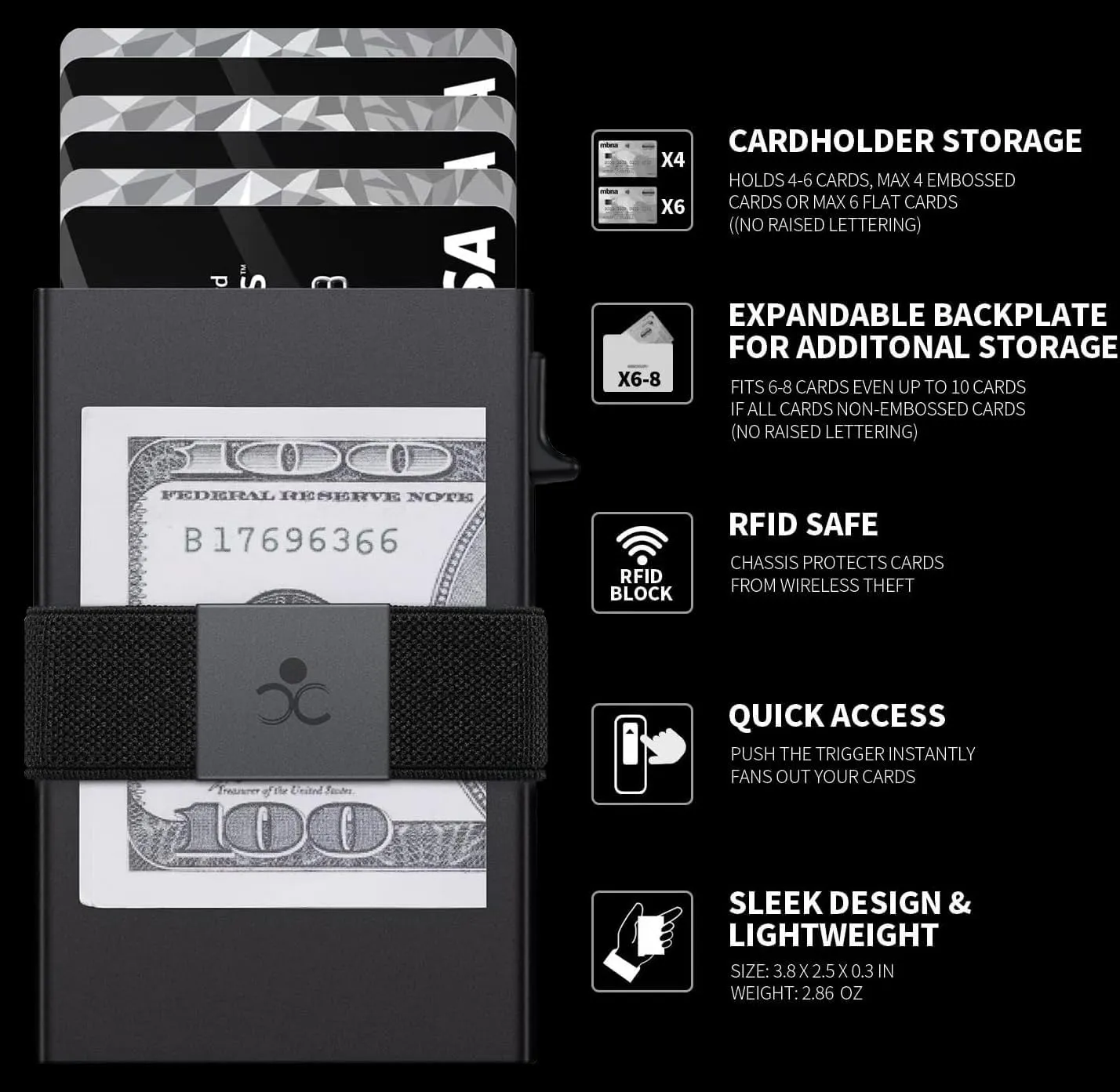 Slim Aluminum Card Holder Wallet for Men, Durable Expandable Backplate, RFID Blocking Minimalist Metal Pop Up Wallet, Holds 12  Cards Plus Cash (Black)