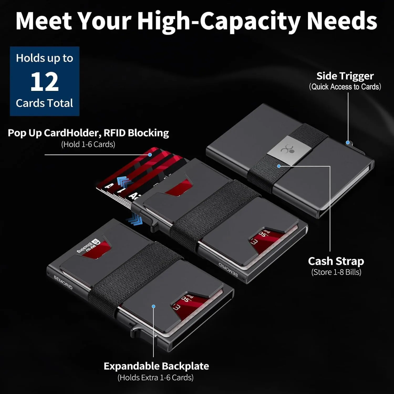 Slim Aluminum Card Holder Wallet for Men, Durable Expandable Backplate, RFID Blocking Minimalist Metal Pop Up Wallet, Holds 12  Cards Plus Cash (Black)