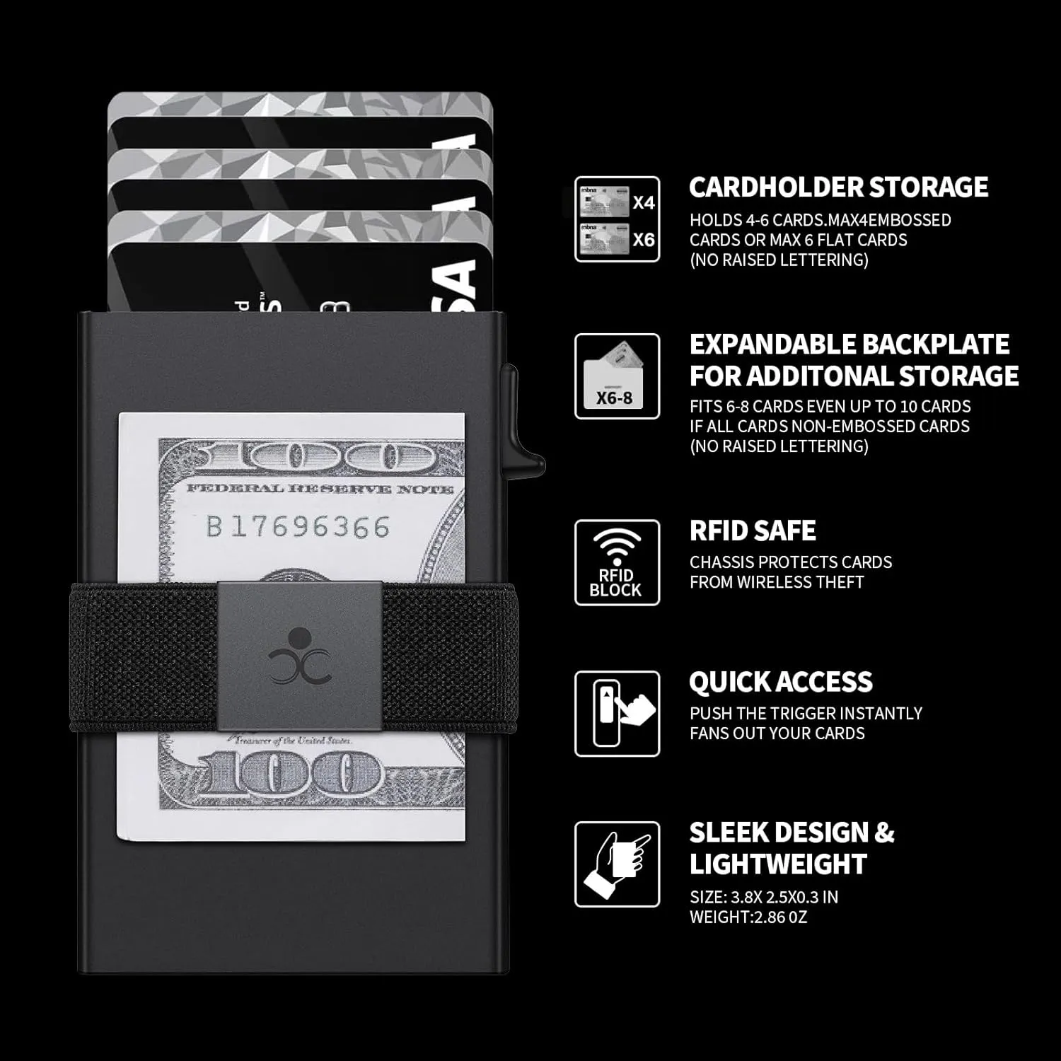 Slim Aluminum Card Holder Wallet for Men, Durable Expandable Backplate, RFID Blocking Minimalist Metal Pop Up Wallet, Holds 12  Cards Plus Cash