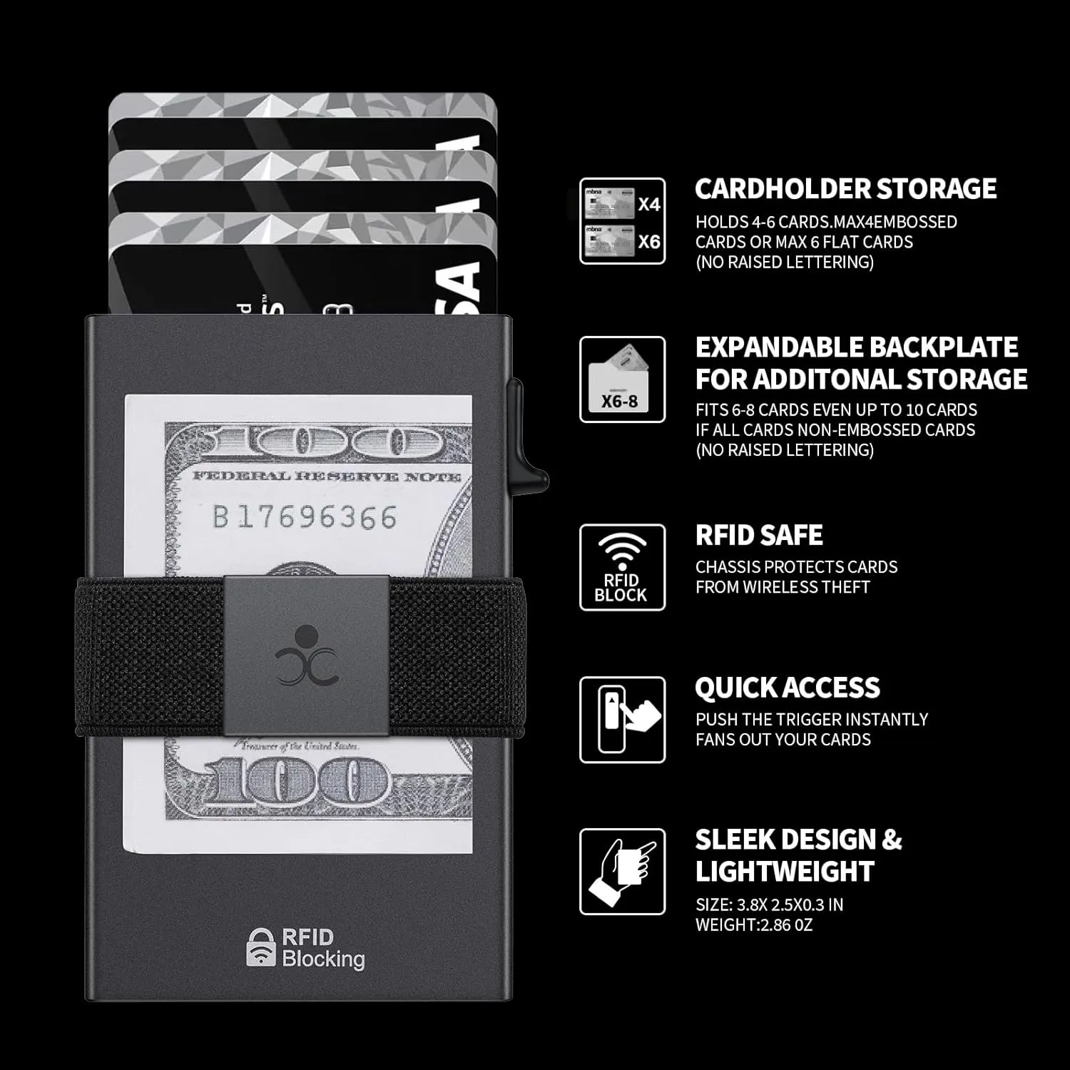Slim Aluminum Card Holder Wallet for Men, Durable Expandable Backplate, RFID Blocking Minimalist Metal Pop Up Wallet, Holds 12  Cards Plus Cash