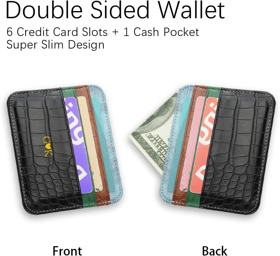 Slim Minimalist Credit Card Holder Wallet with Personalized Custom Initials Name Embossed, Crocodile Pattern PU Leather Front Pocket Wallets for Women Men, Small Thin Card Case Card Protector, Blue