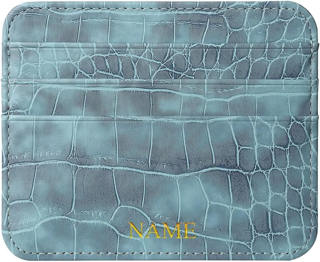 Slim Minimalist Credit Card Holder Wallet with Personalized Custom Initials Name Embossed, Crocodile Pattern PU Leather Front Pocket Wallets for Women Men, Small Thin Card Case Card Protector, Blue