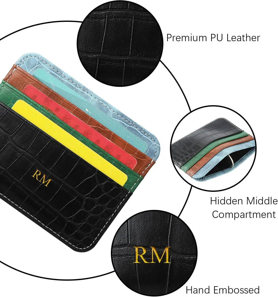 Slim Minimalist Credit Card Holder Wallet with Personalized Custom Initials Name Embossed, Crocodile Pattern PU Leather Front Pocket Wallets for Women Men, Small Thin Card Case Card Protector, Blue