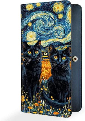 Slim Thin RFID Blocking Credit Card Wallets, Long Wallet for Women, Bifold PU Leather Credit Card Holder Cute Cash Clutch Long Billfold, Button Protection, Black Cat Starry Night