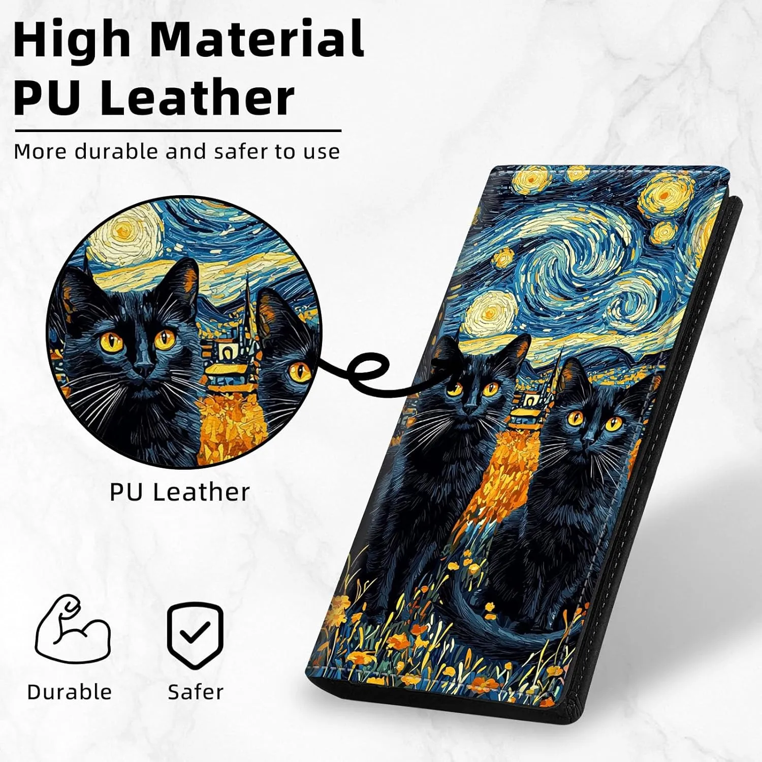 Slim Thin RFID Blocking Credit Card Wallets, Long Wallet for Women, Bifold PU Leather Credit Card Holder Cute Cash Clutch Long Billfold, Button Protection, Black Cat Starry Night