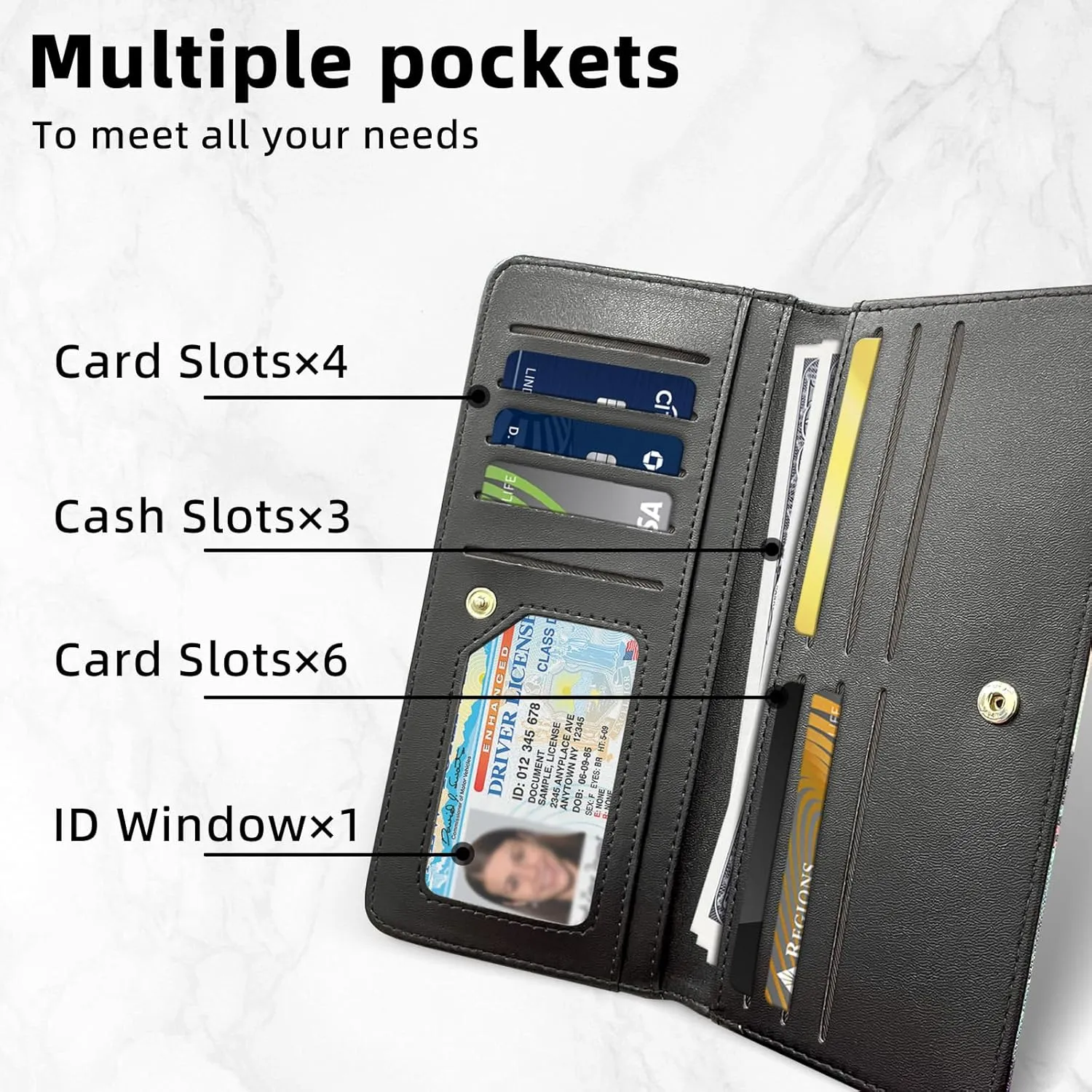 Slim Thin RFID Blocking Credit Card Wallets, Long Wallet for Women, Bifold PU Leather Credit Card Holder Cute Cash Clutch Long Billfold, Button Protection, Black Cat Starry Night