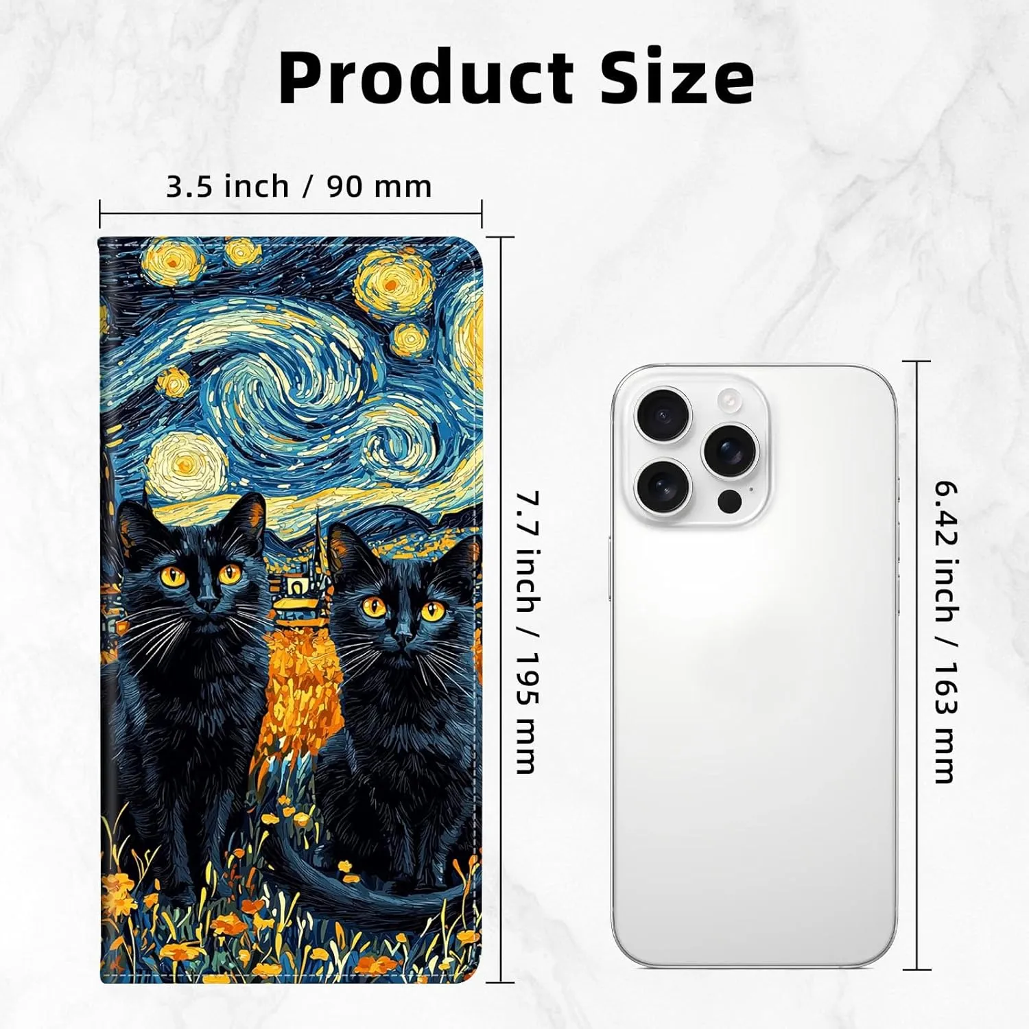 Slim Thin RFID Blocking Credit Card Wallets, Long Wallet for Women, Bifold PU Leather Credit Card Holder Cute Cash Clutch Long Billfold, Button Protection, Black Cat Starry Night