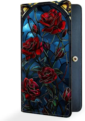Slim Thin RFID Blocking Credit Card Wallets, Long Wallet for Women, Bifold PU Leather Credit Card Holder Cute Cash Clutch Long Billfold, Button Protection, Colored Glass Red Rose