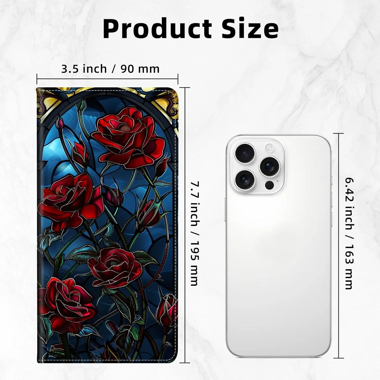 Slim Thin RFID Blocking Credit Card Wallets, Long Wallet for Women, Bifold PU Leather Credit Card Holder Cute Cash Clutch Long Billfold, Button Protection, Colored Glass Red Rose
