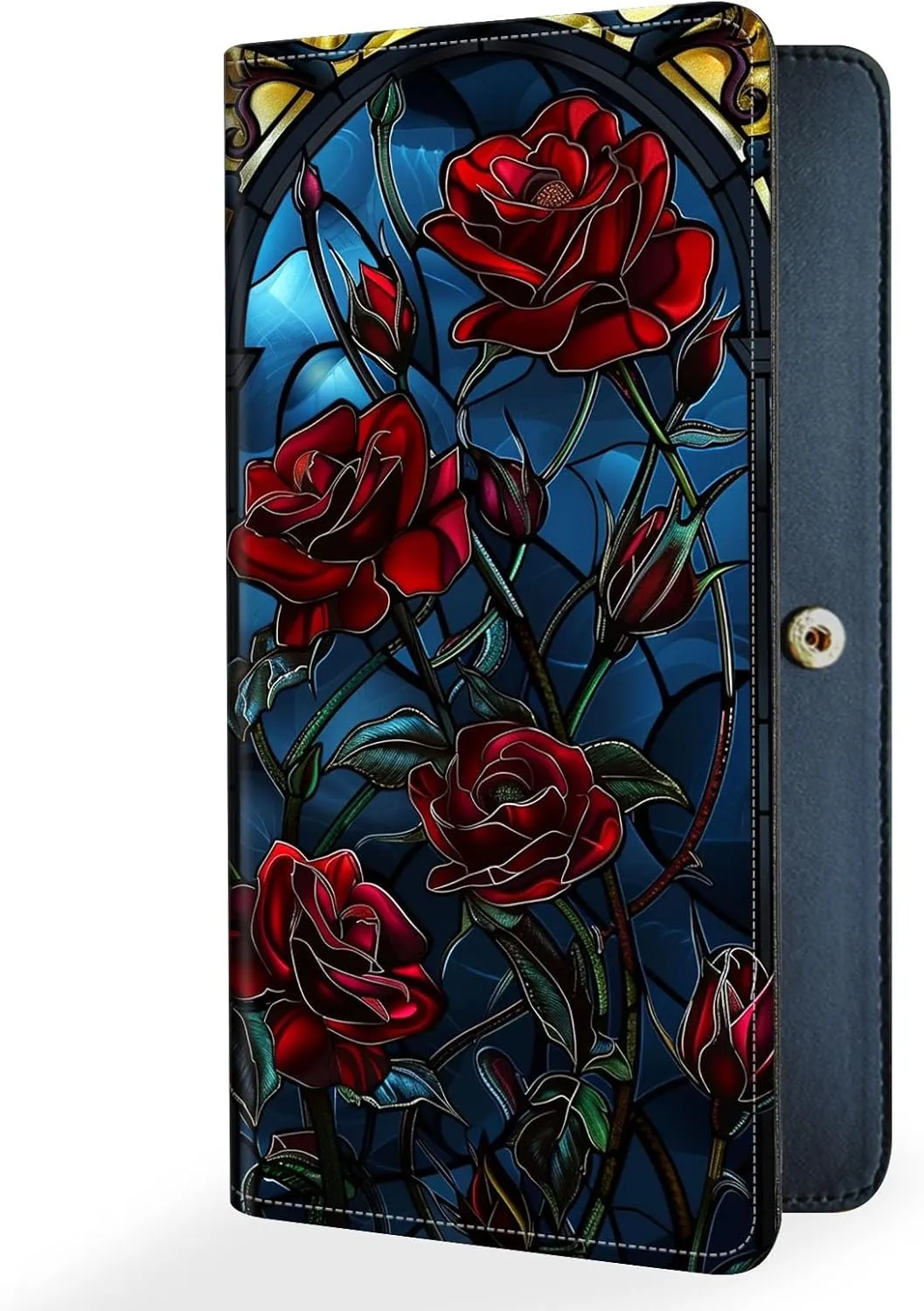 Slim Thin RFID Blocking Credit Card Wallets, Long Wallet for Women, Bifold PU Leather Credit Card Holder Cute Cash Clutch Long Billfold, Button Protection, Colored Glass Red Rose