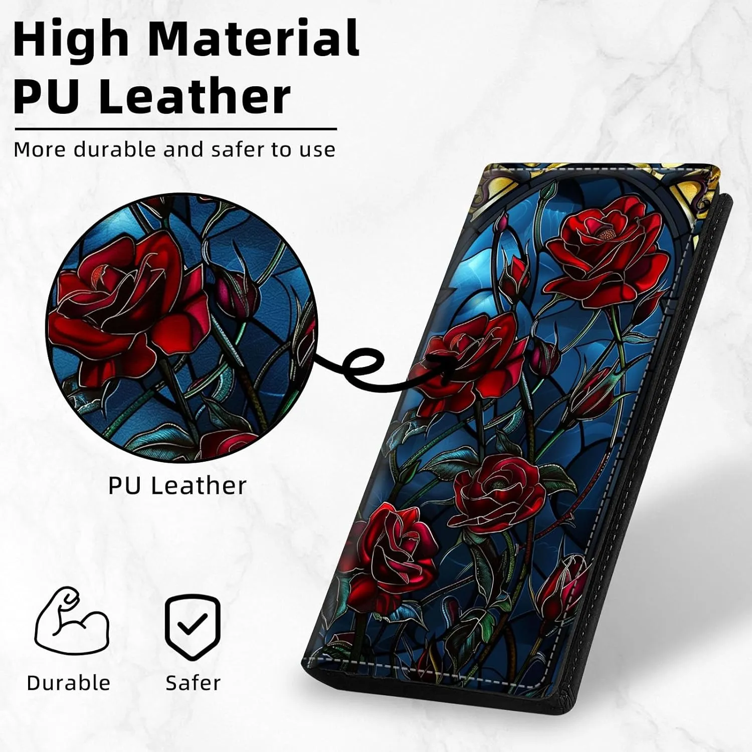 Slim Thin RFID Blocking Credit Card Wallets, Long Wallet for Women, Bifold PU Leather Credit Card Holder Cute Cash Clutch Long Billfold, Button Protection, Colored Glass Red Rose