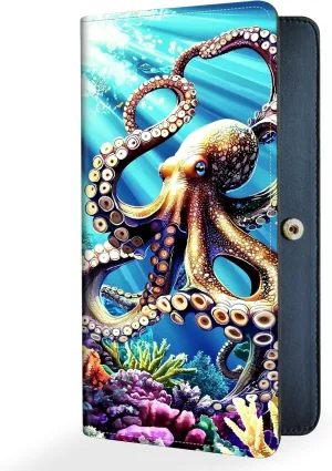 Slim Thin RFID Blocking Credit Card Wallets, Long Wallet for Women, Bifold PU Leather Credit Card Holder Cute Cash Clutch Long Billfold, Button Protection, Colourful Octopus