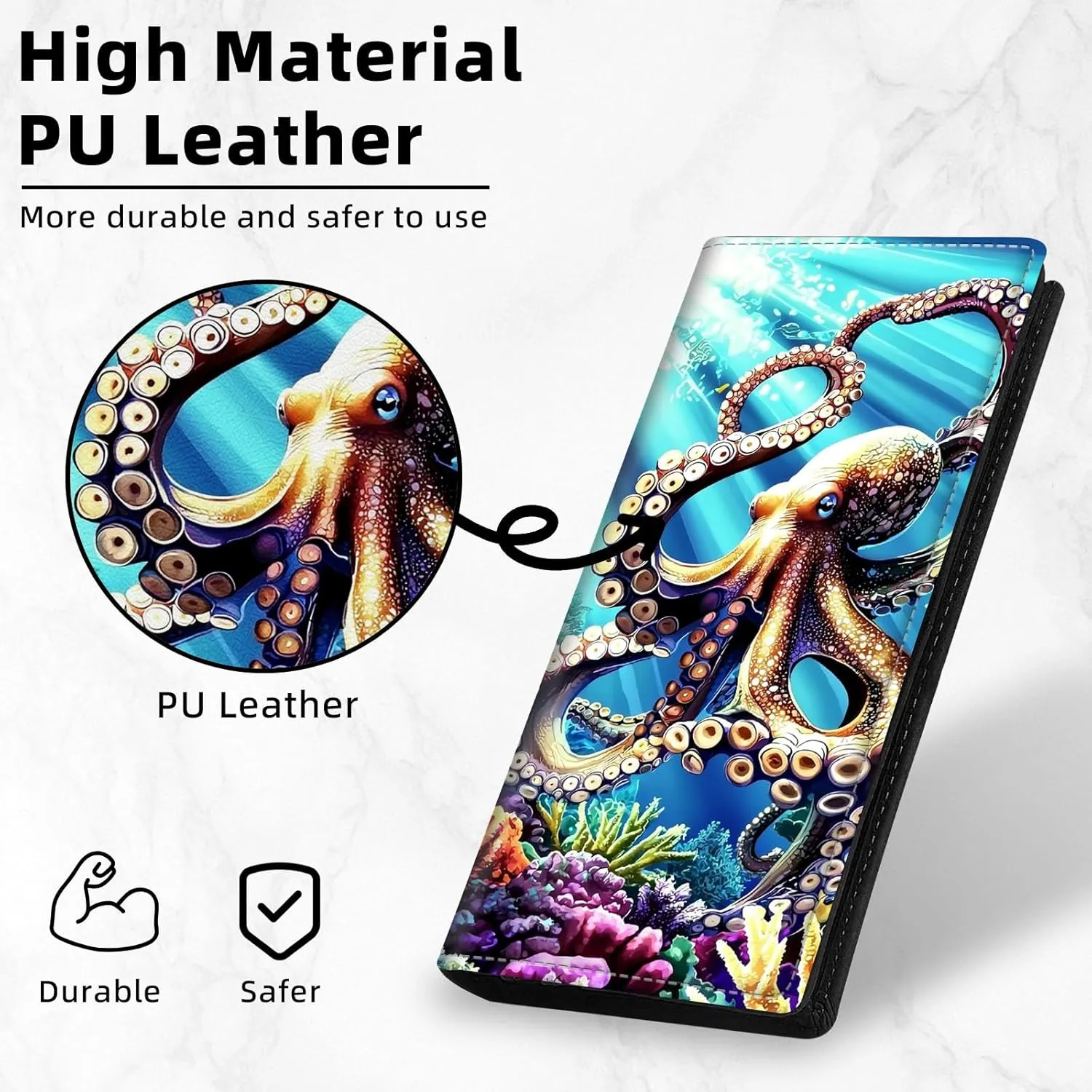 Slim Thin RFID Blocking Credit Card Wallets, Long Wallet for Women, Bifold PU Leather Credit Card Holder Cute Cash Clutch Long Billfold, Button Protection, Colourful Octopus