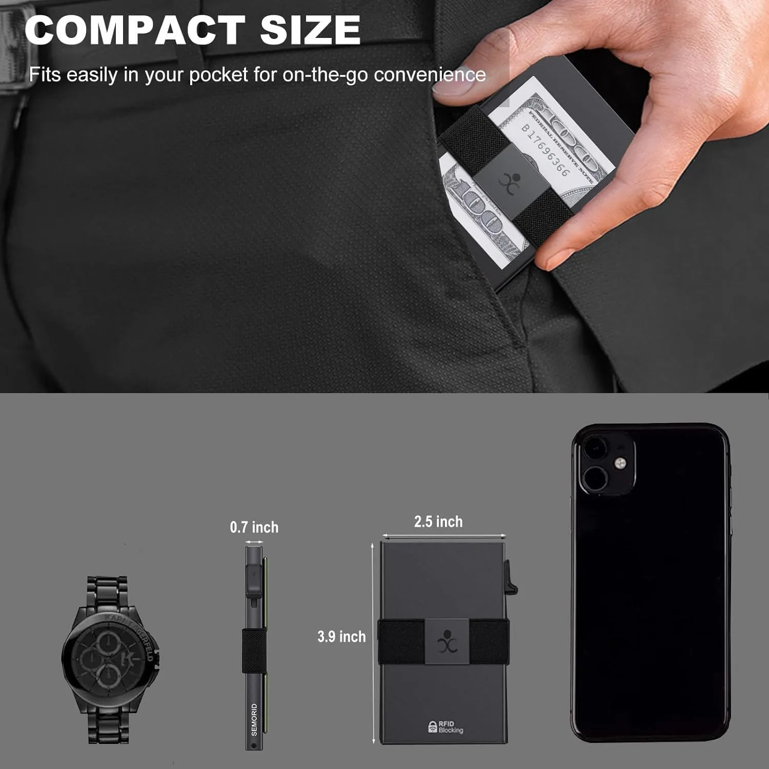 Slim Wallet for Men, RFID Blocking Mens Wallets, Minimalist Pop Up Men's Credit Card Holder, Sturdy Metal Card Case with Cash Strap - 12  Cards Capacity