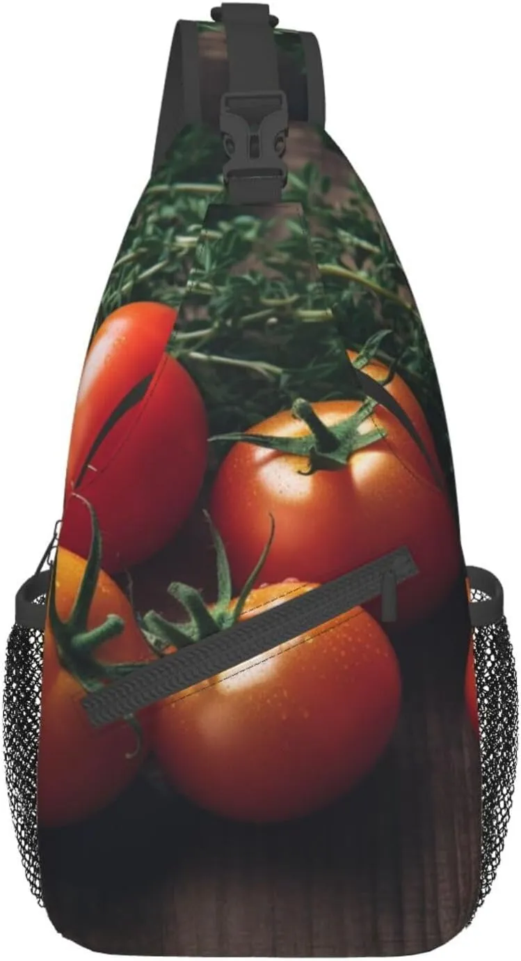 Sling Backpack Bag Tomatoes On Wood Table Print Crossbody Chest Bag Adjustable Shoulder Bag Travel Hiking Daypack Unisex