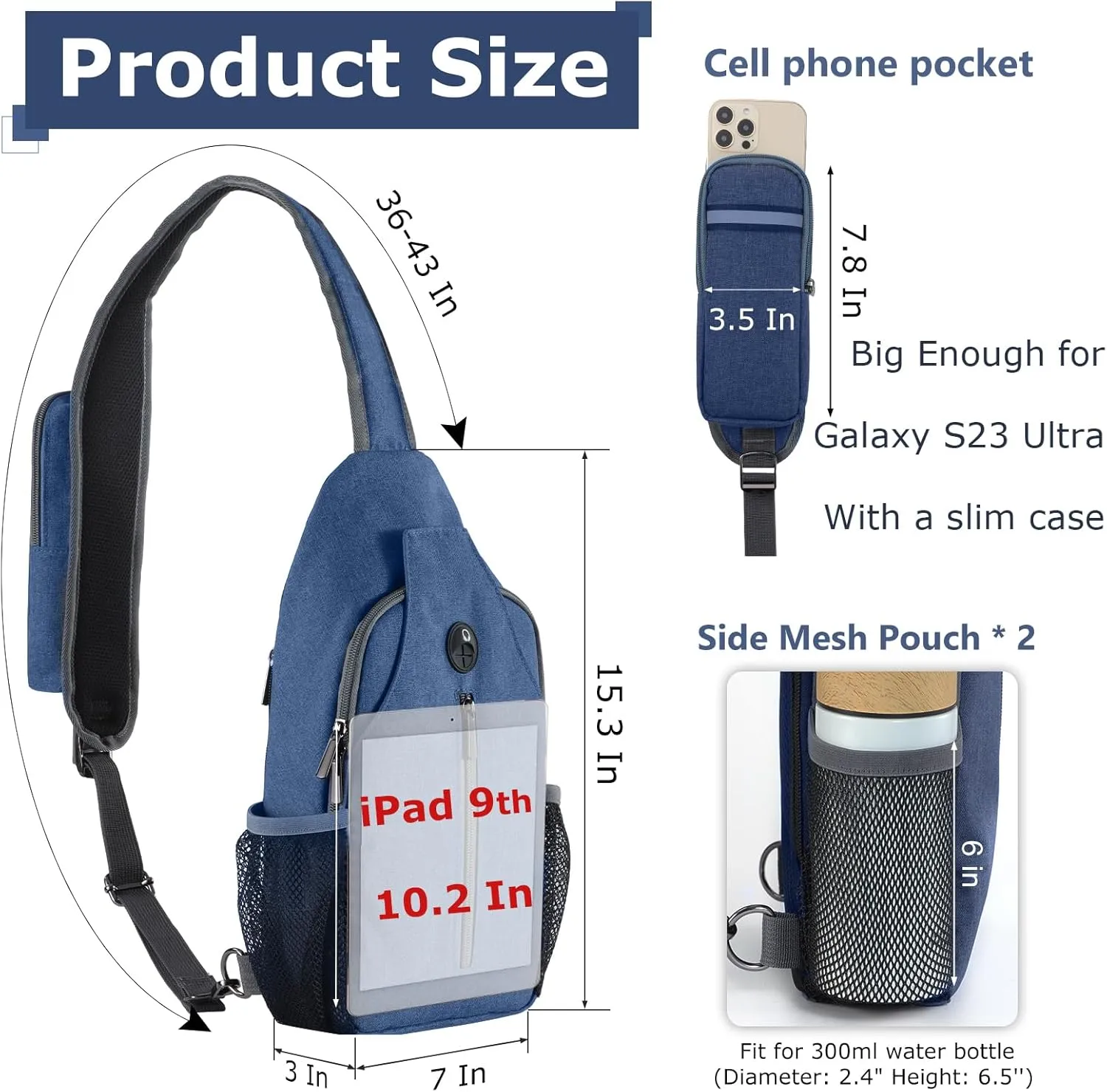 Sling Backpack, Crossbody Bag Large Sling Bag RFID with Water Bottle Holder Phone Holder Travelling Hiking Daypack