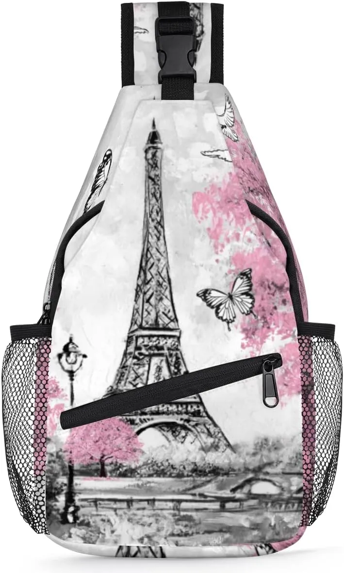 Sling Backpack Oil Painting Eiffel Tower,Shoulder Chest Bag Crossbody Sling Bag Travel Hiking Daypack for Women Men