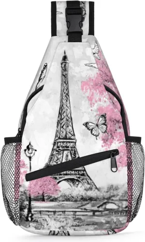 Sling Backpack Oil Painting Eiffel Tower,Shoulder Chest Bag Crossbody Sling Bag Travel Hiking Daypack for Women Men