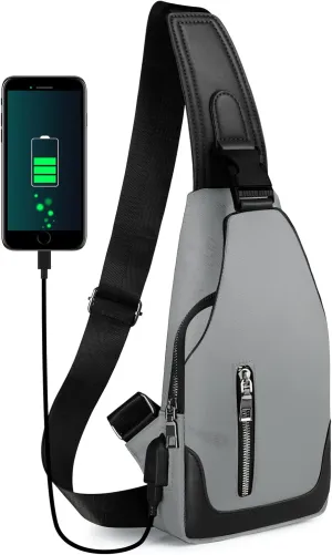 Sling Backpack with USB Charging Port, Chest Bag Crossbody Daypack Shoulder Bag for Men, Hiking, Cycling, Travel(Grey)