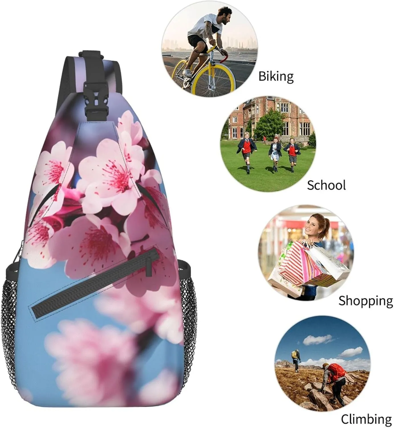 Sling Backpack,Men Cross Chest Bag Diagonally,Durable Adjustable Outdoor Cycling Travel Bag,Cherry Blossoms Print
