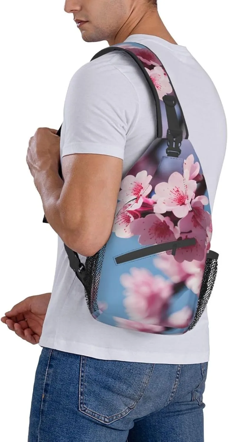 Sling Backpack,Men Cross Chest Bag Diagonally,Durable Adjustable Outdoor Cycling Travel Bag,Cherry Blossoms Print