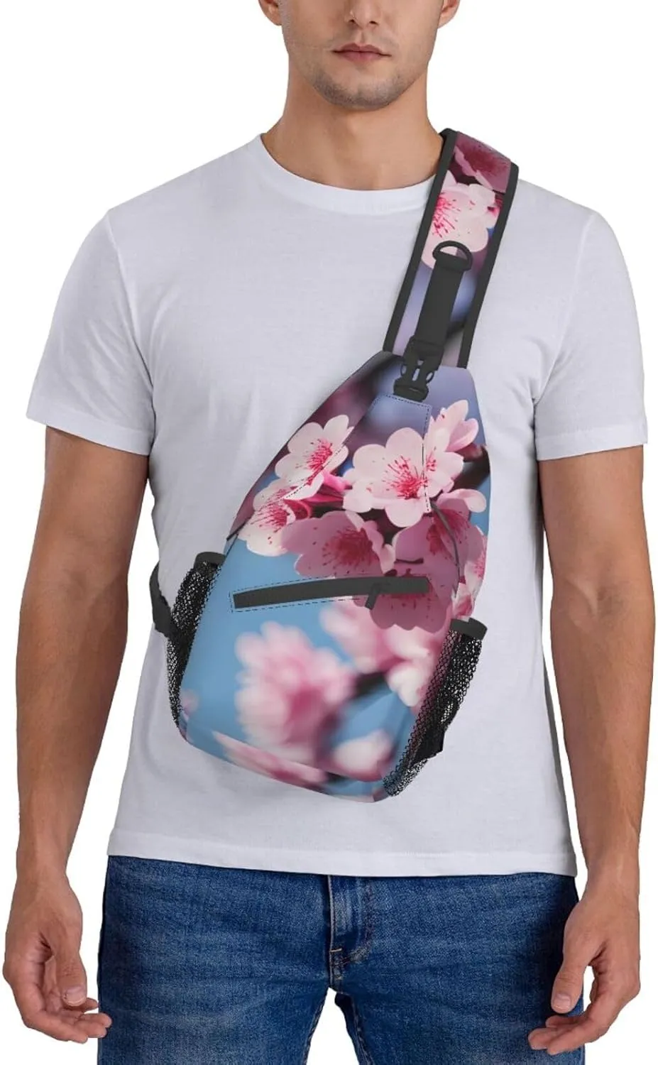 Sling Backpack,Men Cross Chest Bag Diagonally,Durable Adjustable Outdoor Cycling Travel Bag,Cherry Blossoms Print