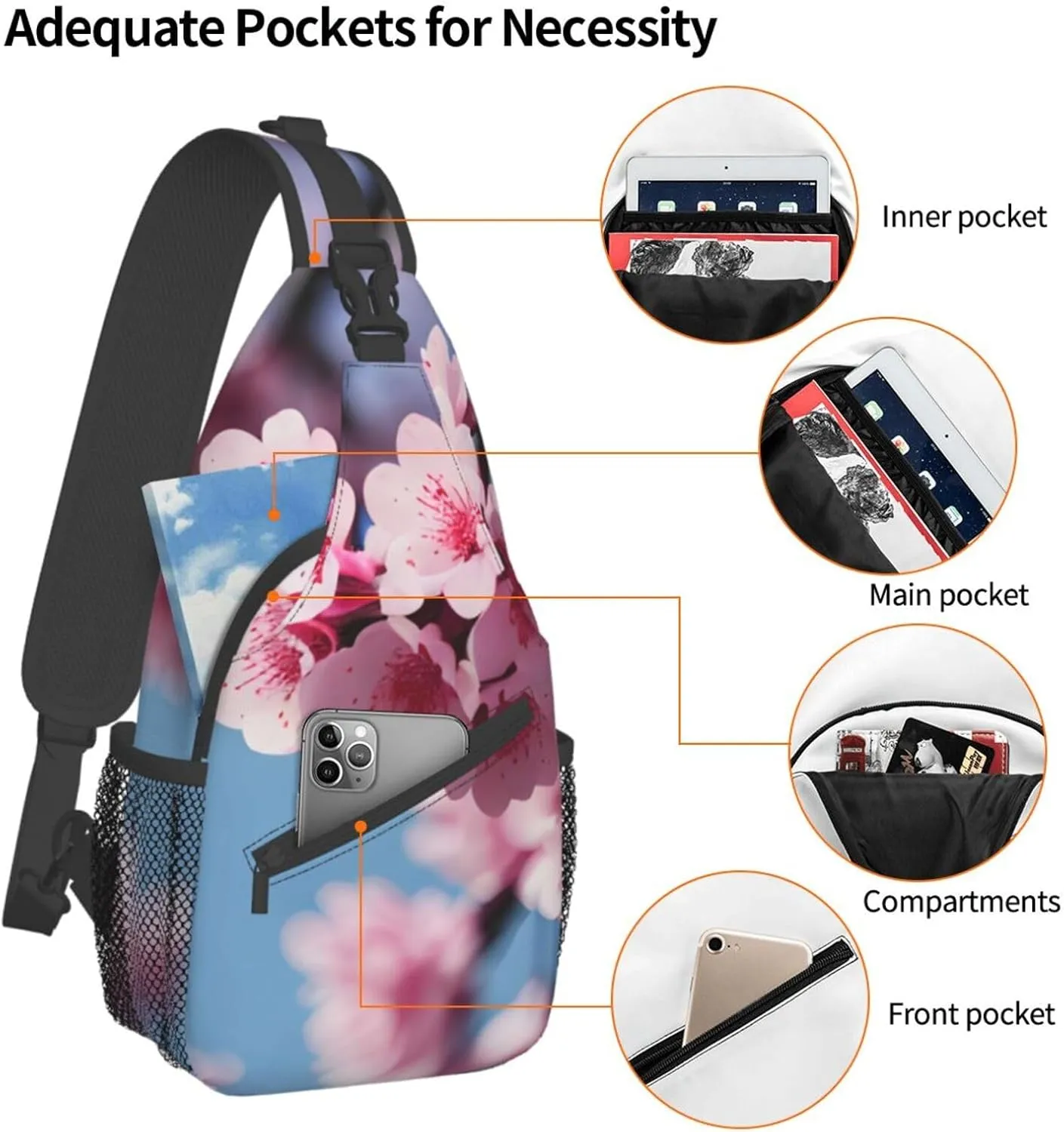 Sling Backpack,Men Cross Chest Bag Diagonally,Durable Adjustable Outdoor Cycling Travel Bag,Cherry Blossoms Print