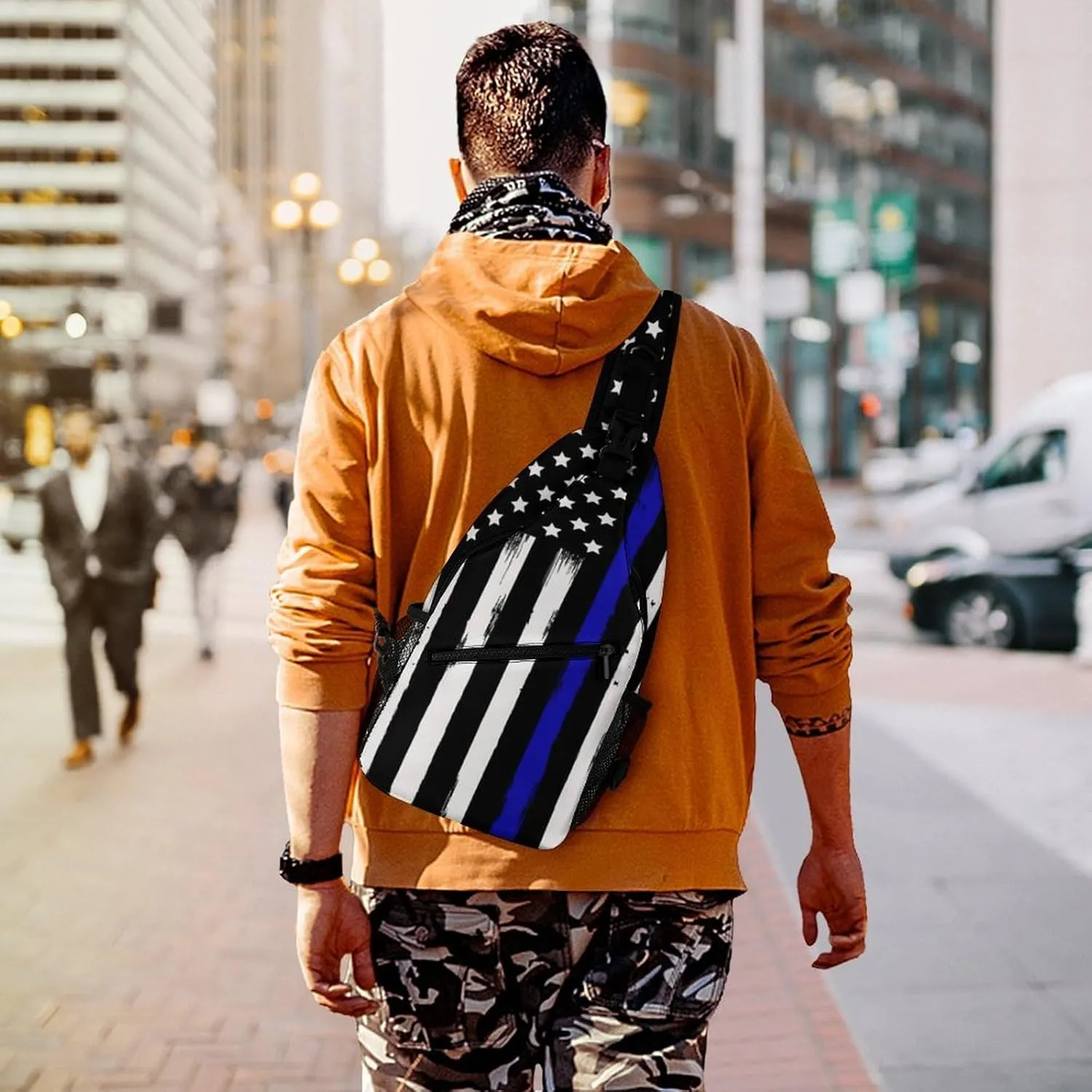 Sling Bag Backpack for Men Women Multipurpose Anti-Theft Satchel Bookbags Travel Rucksack Daypack Bookbag, American Thin Blue Line Flag Police Pattern Black Shoulder Crossbody Bag Chest Pack