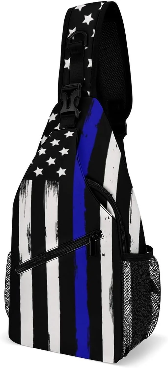 Sling Bag Backpack for Men Women Multipurpose Anti-Theft Satchel Bookbags Travel Rucksack Daypack Bookbag, American Thin Blue Line Flag Police Pattern Black Shoulder Crossbody Bag Chest Pack