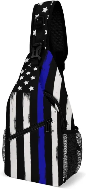 Sling Bag Backpack for Men Women Multipurpose Anti-Theft Satchel Bookbags Travel Rucksack Daypack Bookbag, American Thin Blue Line Flag Police Pattern Black Shoulder Crossbody Bag Chest Pack