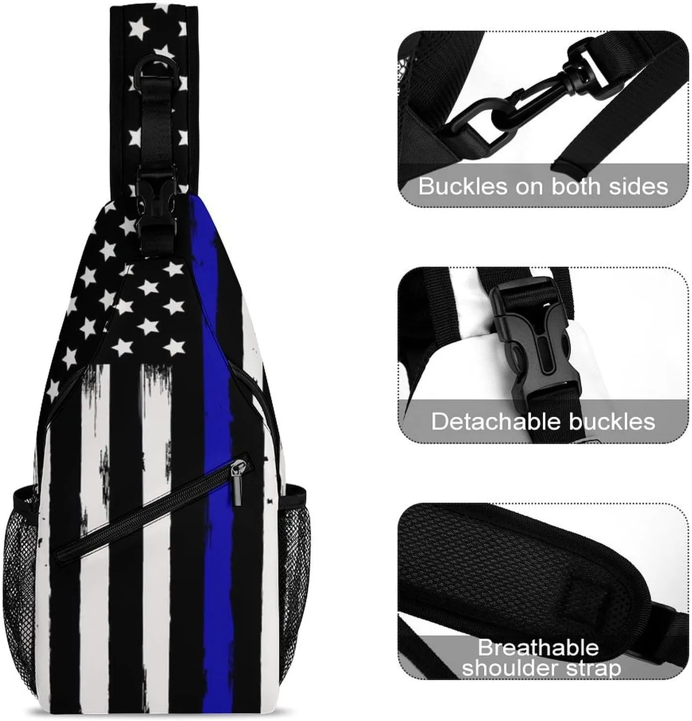 Sling Bag Backpack for Men Women Multipurpose Anti-Theft Satchel Bookbags Travel Rucksack Daypack Bookbag, American Thin Blue Line Flag Police Pattern Black Shoulder Crossbody Bag Chest Pack